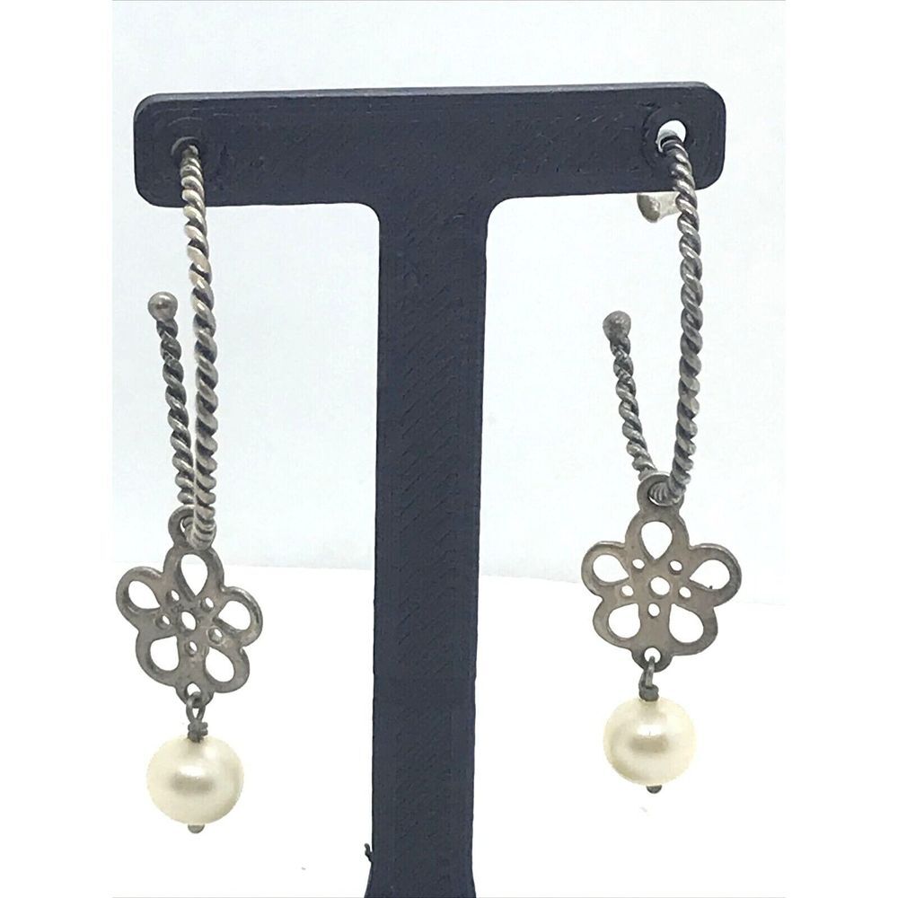 Pandora Silver Twisted Hoop Earrings with Pearl Drop